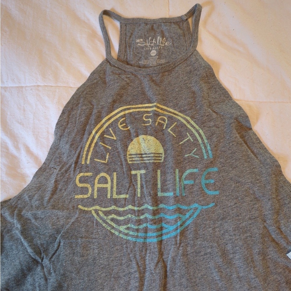 Gray Salt Life Tank Top with Yellow and Blue Print